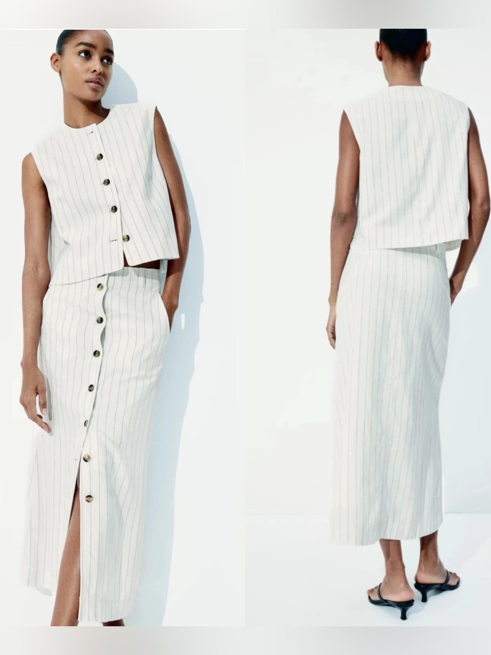 H&M Cream Pinstripe Linen Blend Matching Set Vest Top + Midi Skirt Size L/10